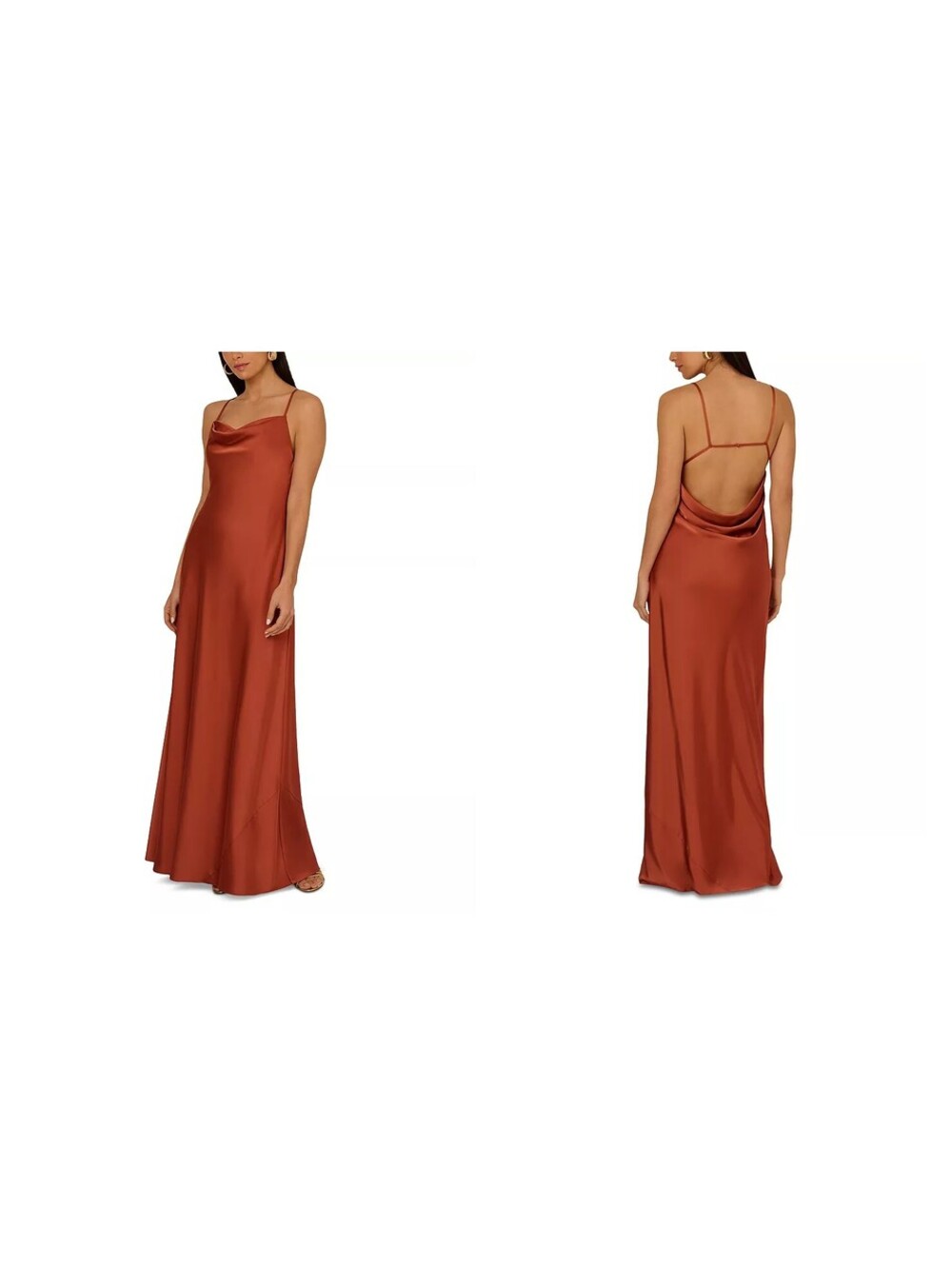 Adrianna Papell Stretch Satin Cowlneck Long Gown Open Back sz 4 NWT Copper Prom